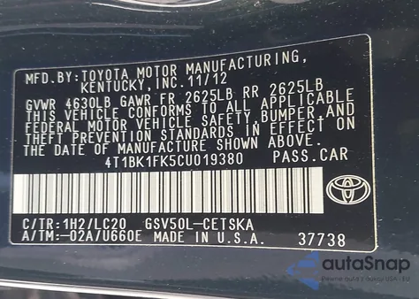 2012 Toyota Camry Se V6 from USA, damaged, VIN 4T1BK1FK5CU019380